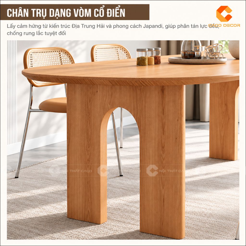 Chân trụ dạng vòm Japandi của bàn ăn gỗ tự nhiên BA076