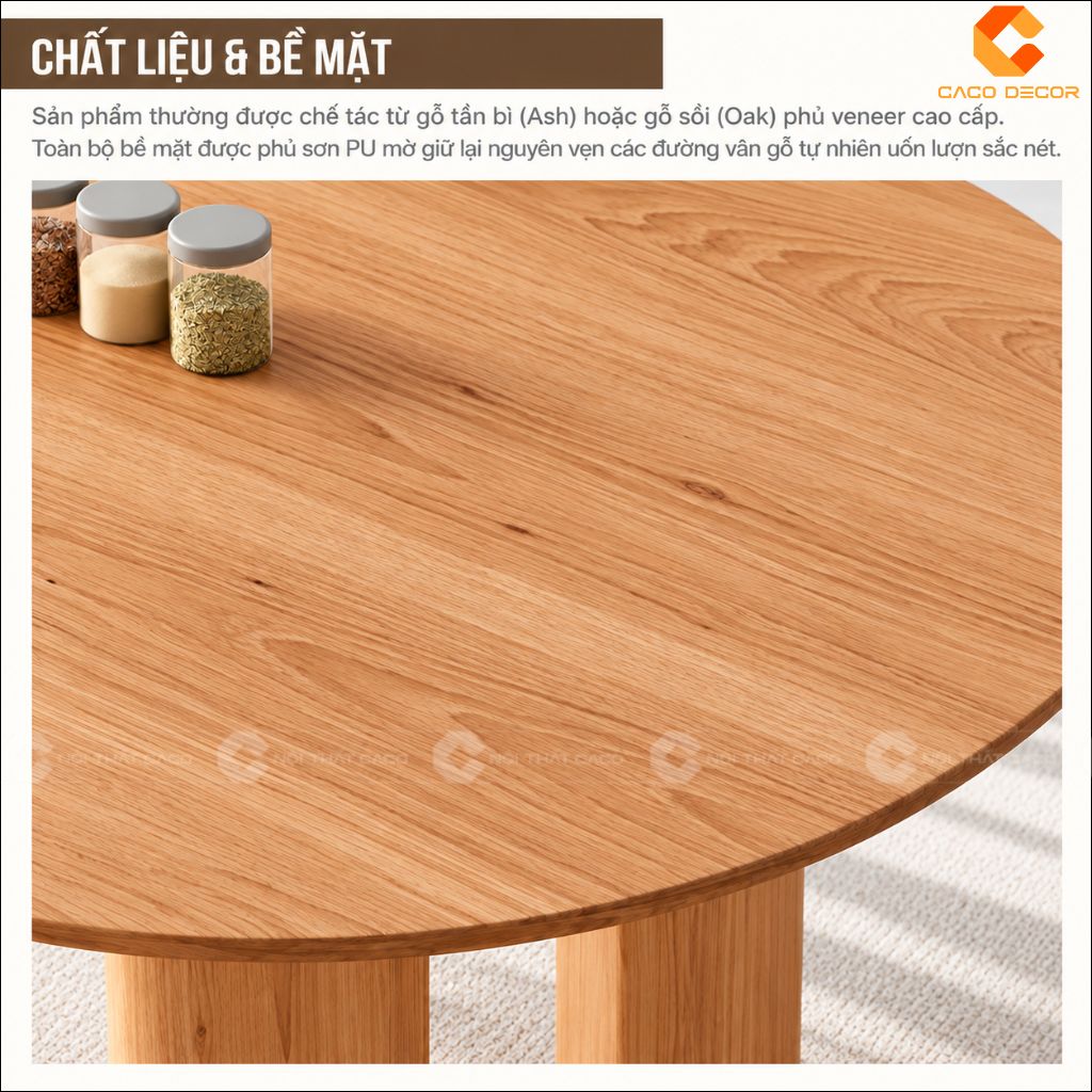 Chất liệu và bề mặt bàn ăn gỗ tự nhiên BA076