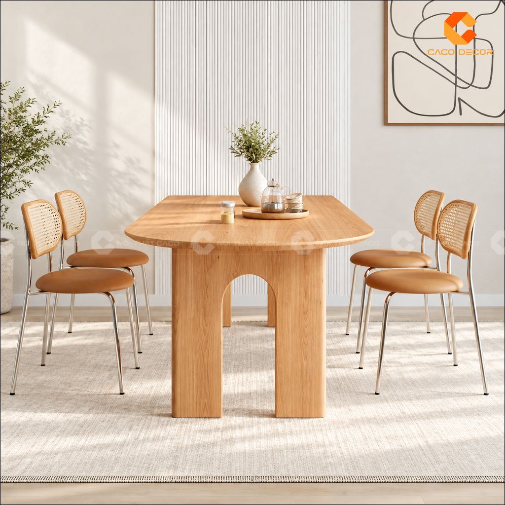 Góc chính diện bàn ăn gỗ tự nhiên BA076 chân vòm