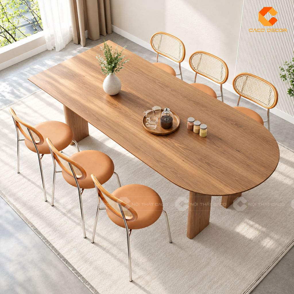 Bàn ăn gỗ tự nhiên BA076 nhìn từ trên với mặt oval rộng