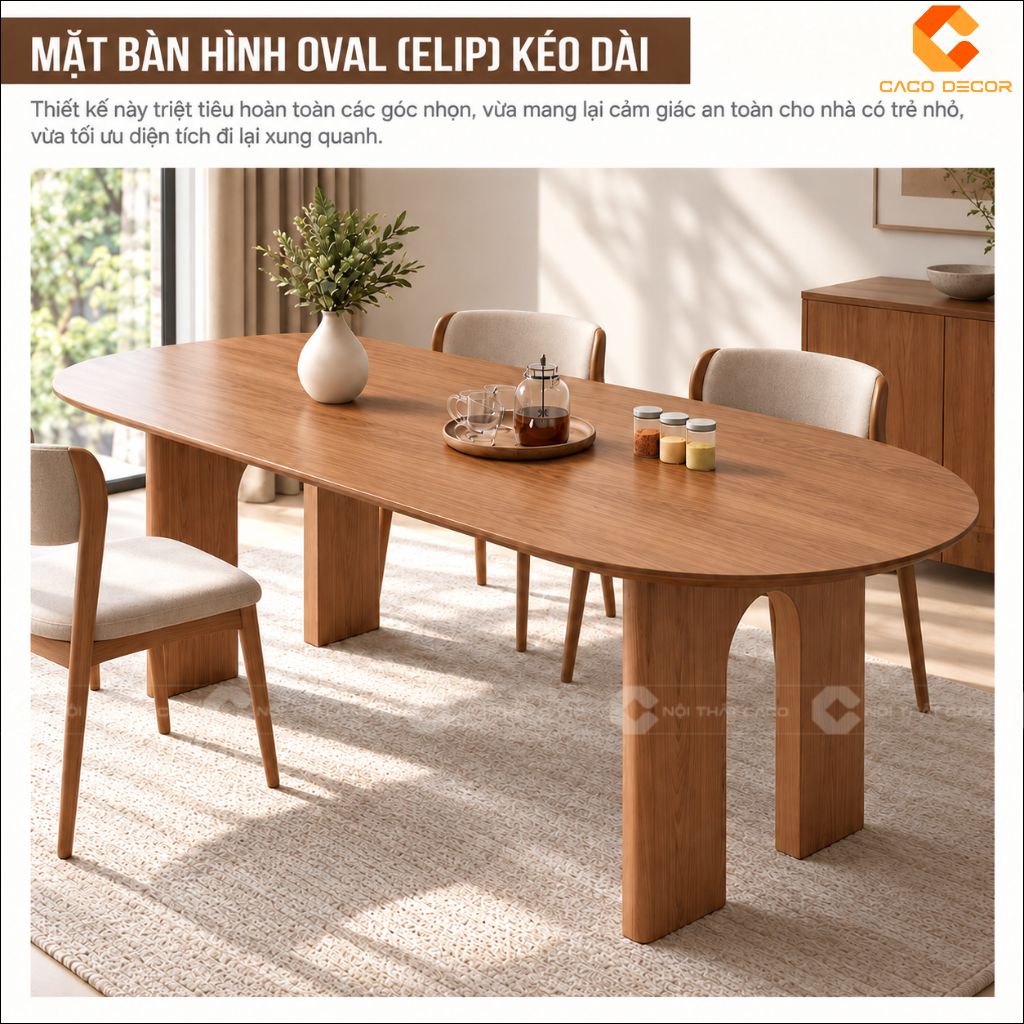 Bàn ăn gỗ tự nhiên BA076 thiết kế mặt oval kéo dài