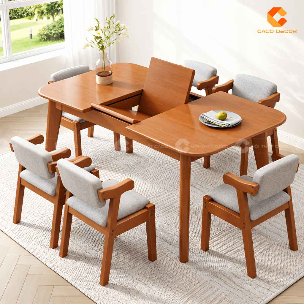Bàn ăn gỗ tự nhiên BA078 kéo dài linh hoạt khi cần thêm chỗ