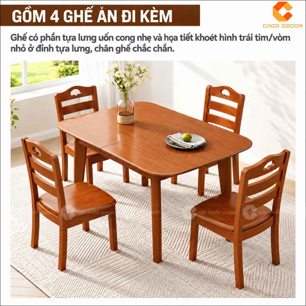 Bàn ăn gỗ tự nhiên BA078 đi kèm 4 ghế ăn đồng bộ