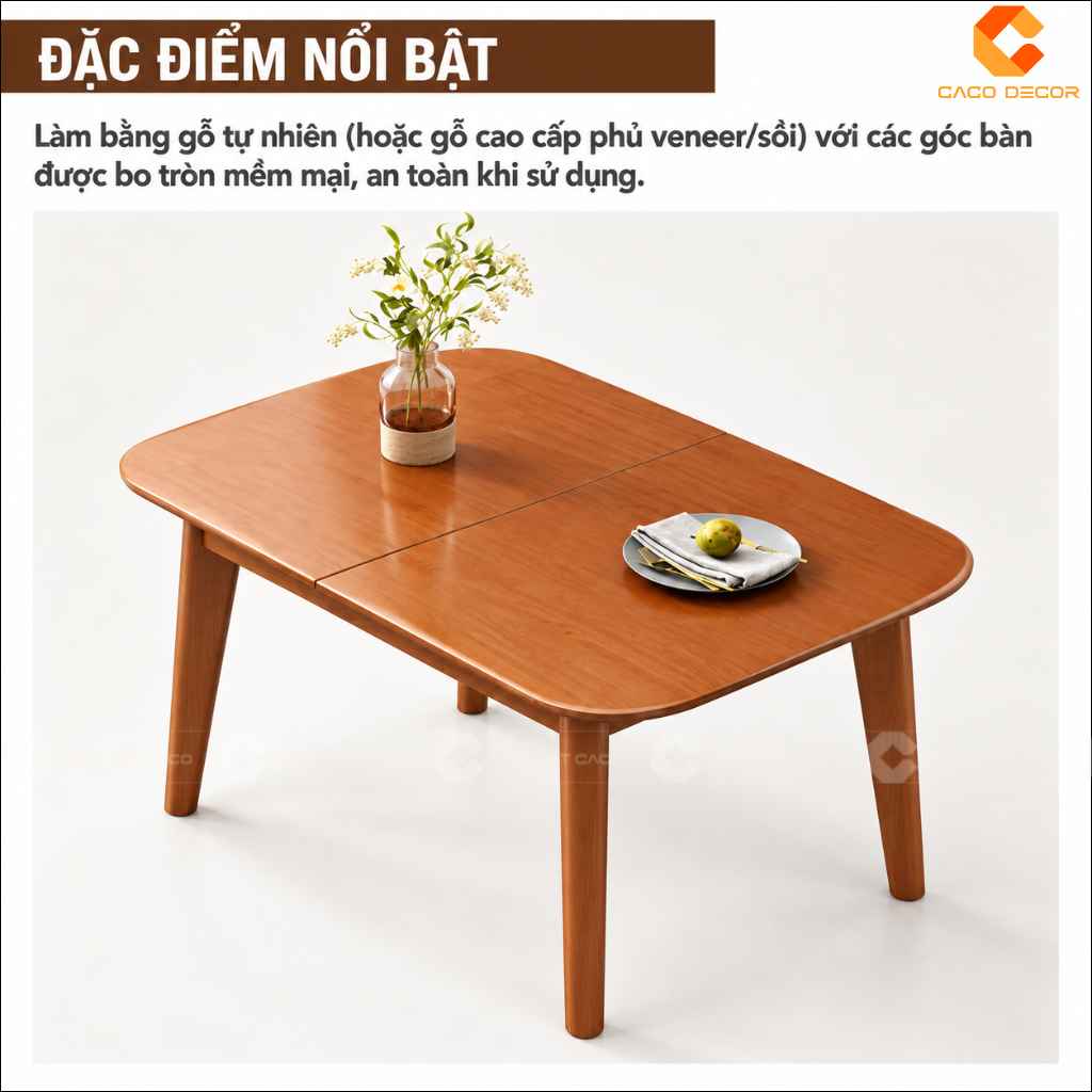 àn ăn gỗ tự nhiên BA078 với các góc bo tròn mềm mại