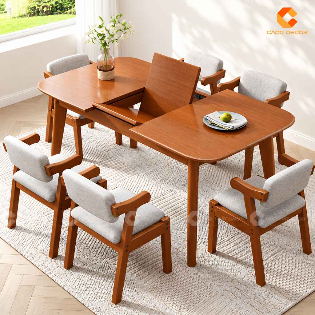 Bàn ăn gỗ tự nhiên BA078 khi mở rộng mặt bàn