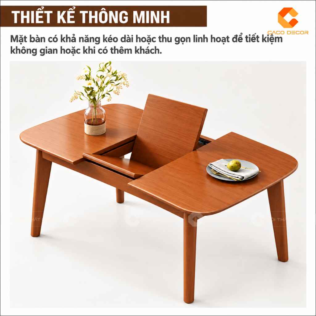 Bàn ăn gỗ tự nhiên BA078 thiết kế mở rộng thông minh
