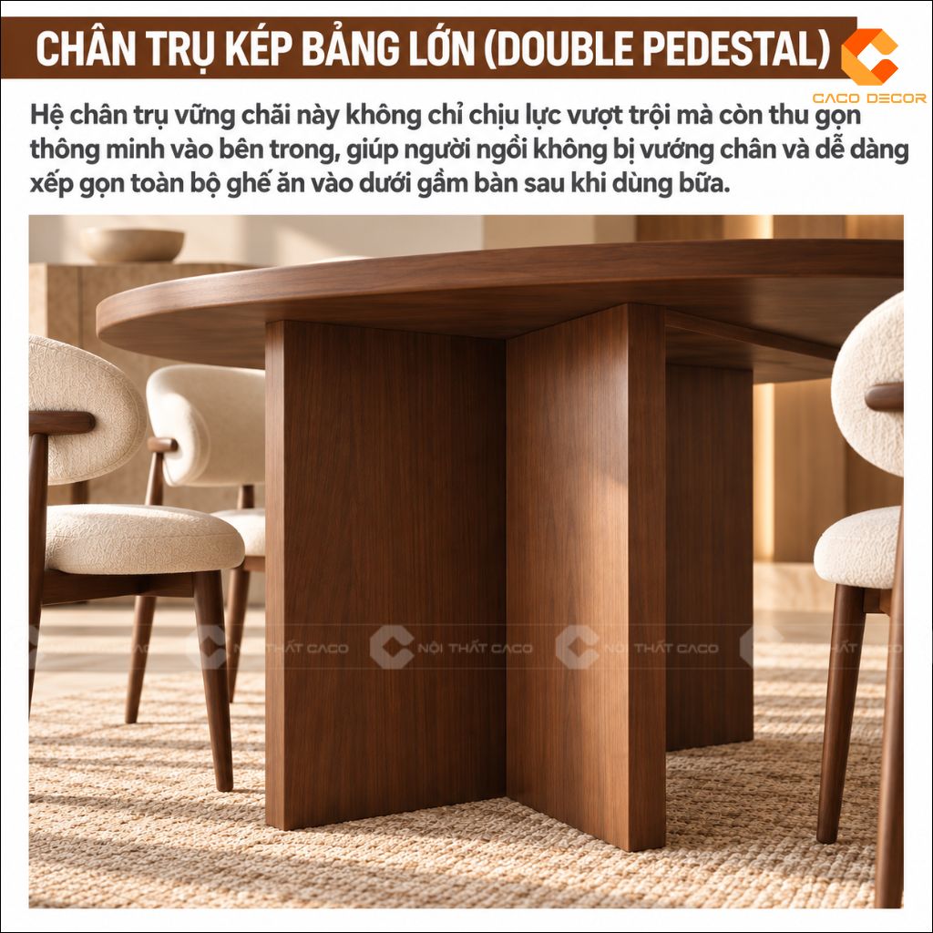 Chi tiết chân trụ kép bản lớn của bàn ăn gỗ tự nhiên BA080