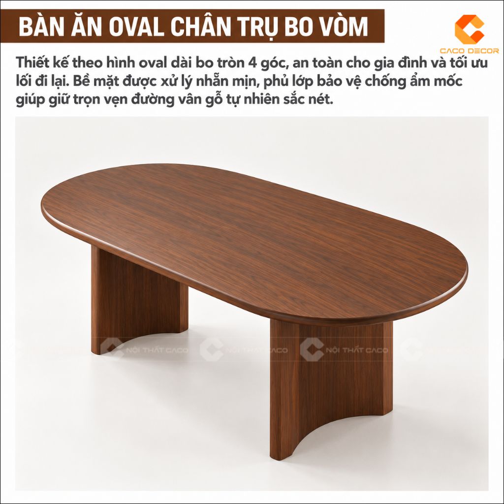 Bàn ăn gỗ tự nhiên BA080 mặt oval chân trụ bo vòm