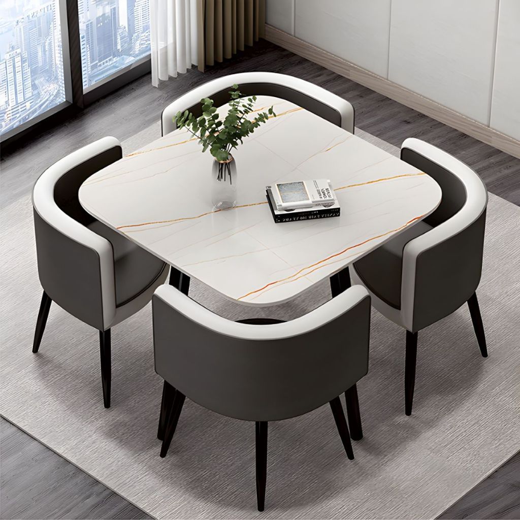 Bàn ăn mặt đá BA079 phối ghế đen trắng sang trọng