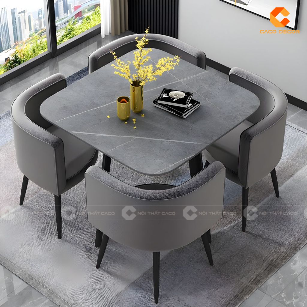 Bộ bàn ăn mặt đá BA079 kết hợp 4 ghế bọc màu xám