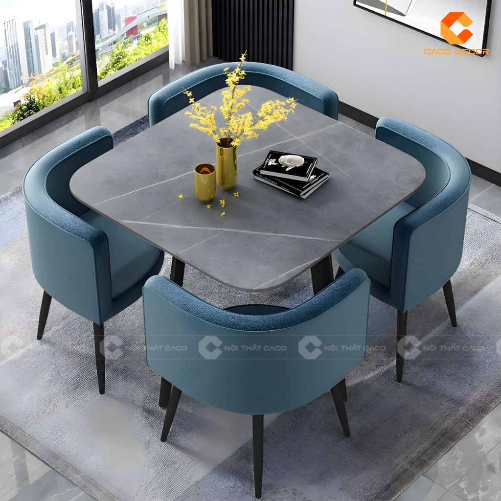Bàn ăn mặt đá BA079 phối 4 ghế bọc màu xanh hiện đại
