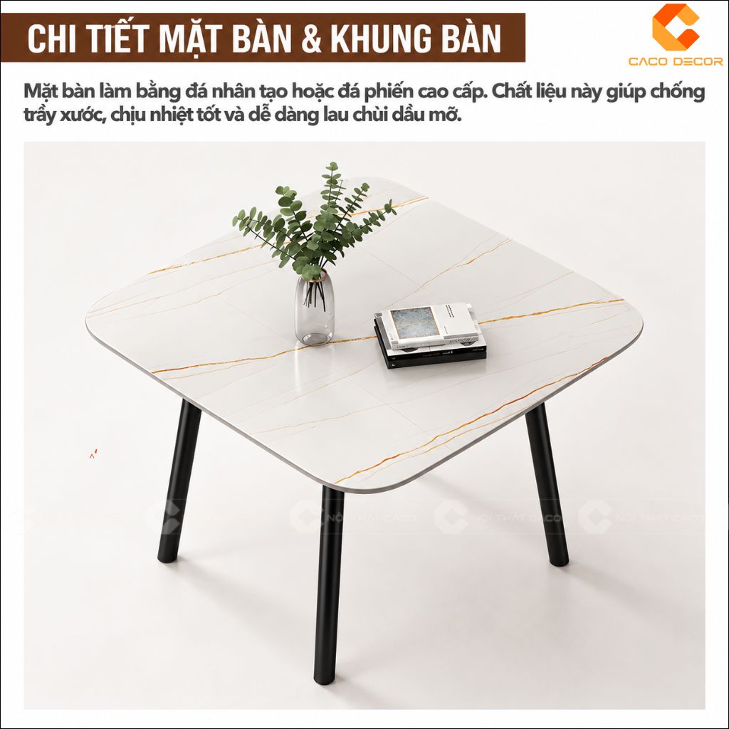 Chi tiết mặt đá vân đẹp và khung chân sắt của bàn ăn BA079