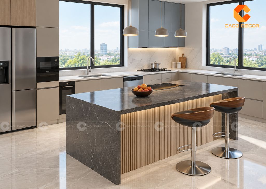Bàn đảo kết hợp bàn ăn mặt đá đen trong không gian bếp hiện đại, có ghế bar sang trọng.