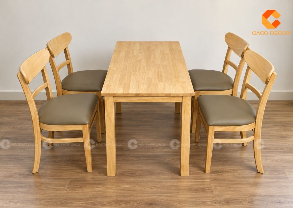Bàn ghế gỗ quán ăn màu sáng bố trí bốn chỗ ngồi