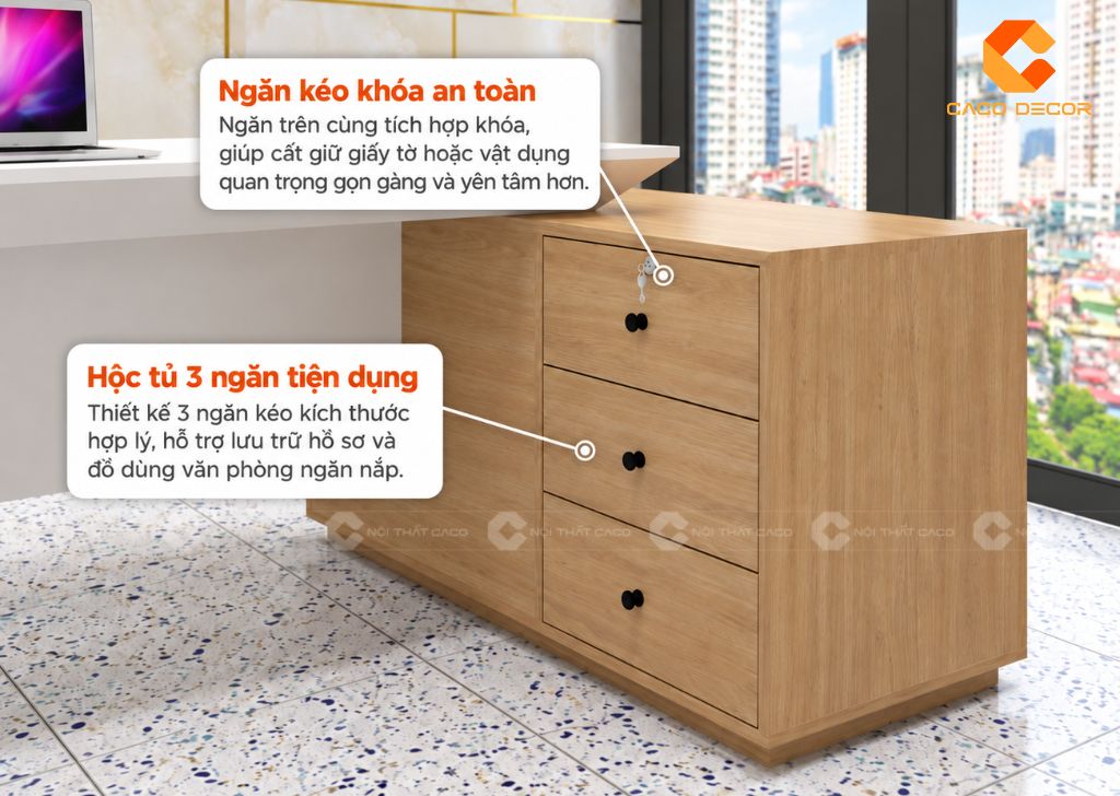 Hộc tủ 3 ngăn có khóa của bàn giám đốc gỗ công nghiệp BGD071