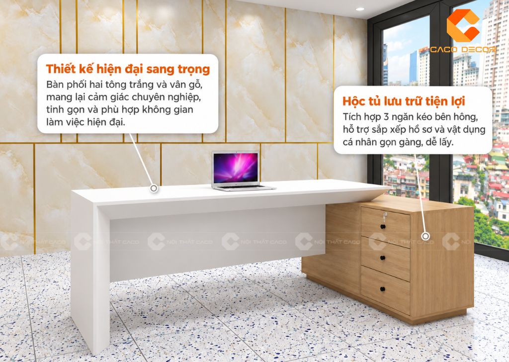 Bàn giám đốc gỗ công nghiệp BGD071 thiết kế hiện đại phối trắng và vân gỗ