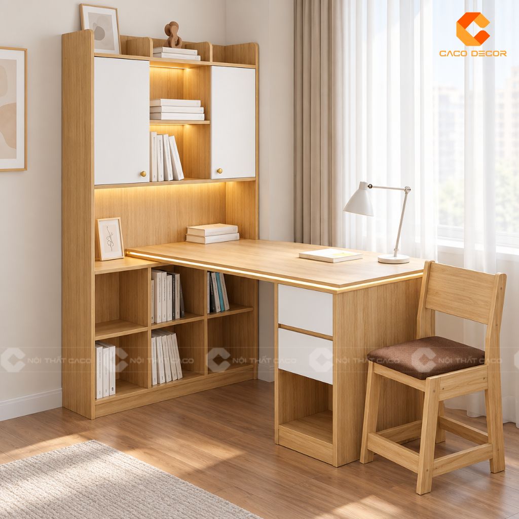 Bàn học gỗ công nghiệp BHTE057 màu trắng phối vân gỗ