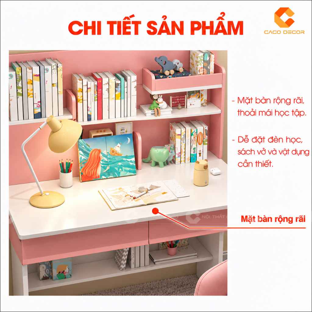 Mặt bàn rộng rãi của bàn học trẻ em gỗ công nghiệp BHTE055