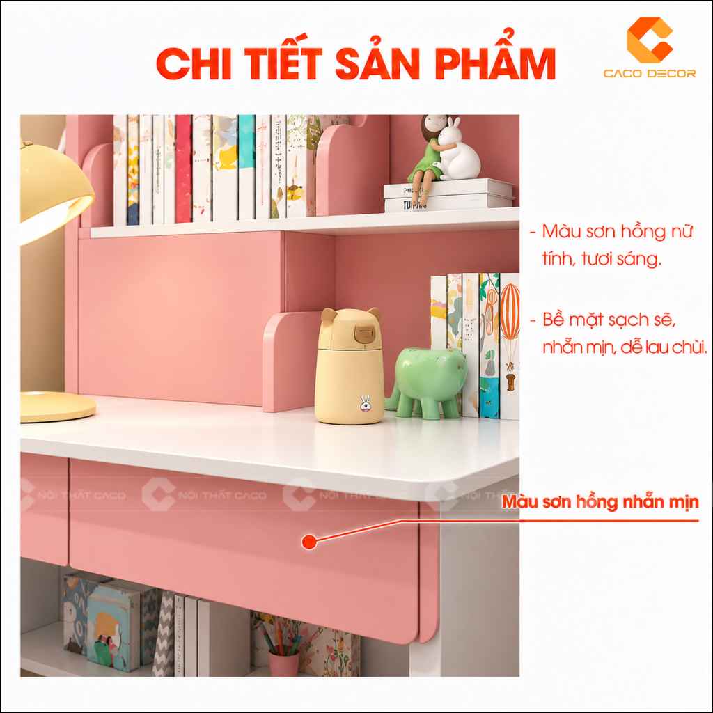 Bề mặt màu hồng nhẵn mịn của bàn học trẻ em gỗ công nghiệp BHTE055