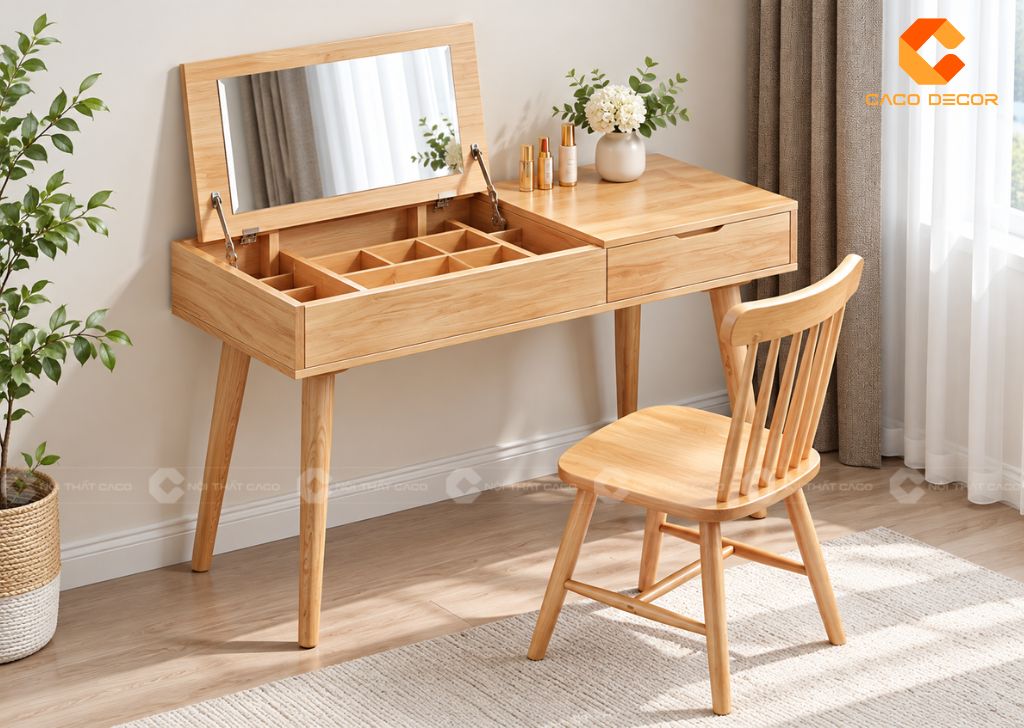 Bàn trang điểm gương gập màu gỗ sáng thiết kế tối giản có thể làm việc