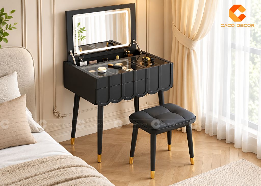 Thiết kế bàn trang điểm gương gập màu đen mini sang trọng