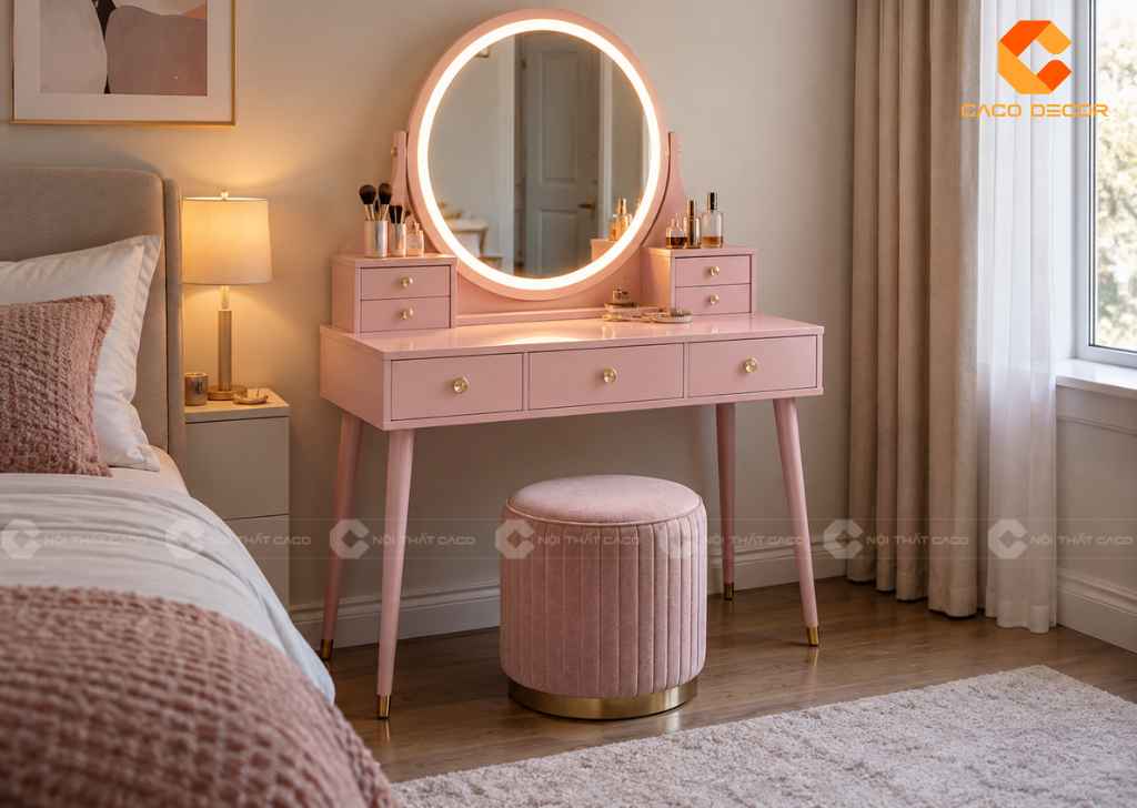 Bàn trang điểm màu hồng có đèn LED gương tròn