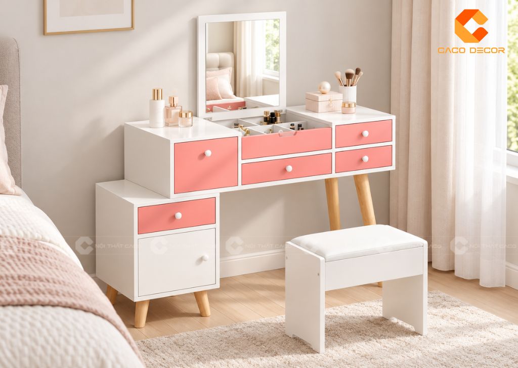 Bàn Trang Điểm Màu Hồng: 25+ Mẫu Đẹp Từ Mini Đến Có Gương 19