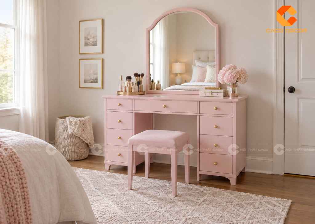 Bàn trang điểm màu hồng pastel hiện đại cho phòng ngủ