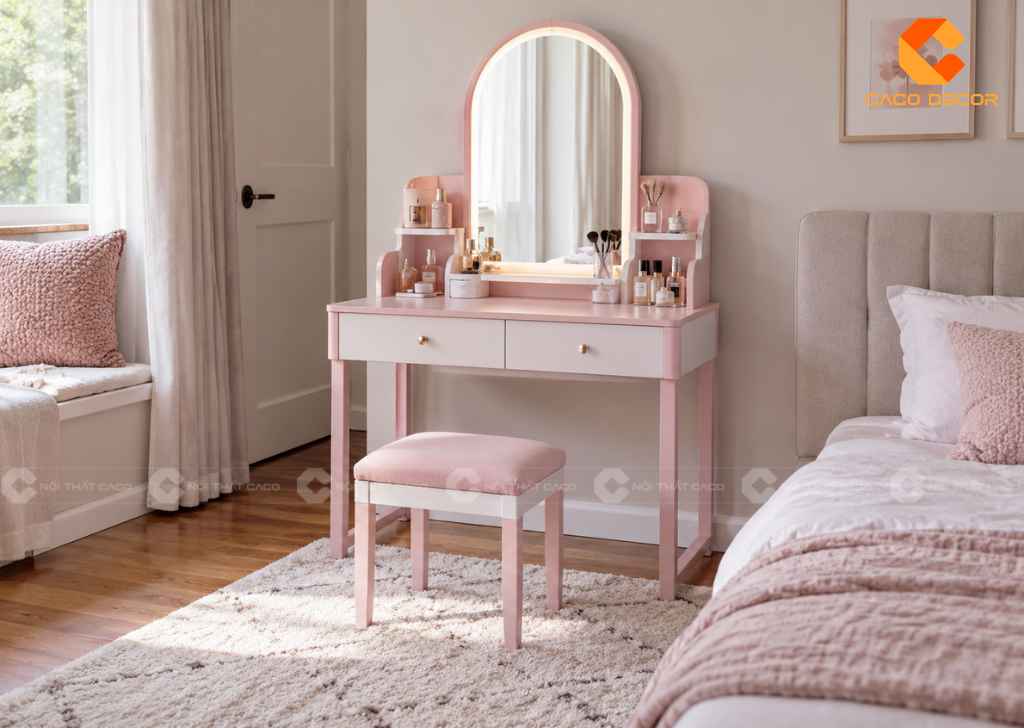 Mẫu bàn trang điểm màu hồng phối trắng thanh lịch
