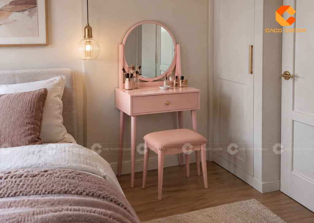 Bàn trang điểm mini màu hồng cho phòng ngủ nhỏ