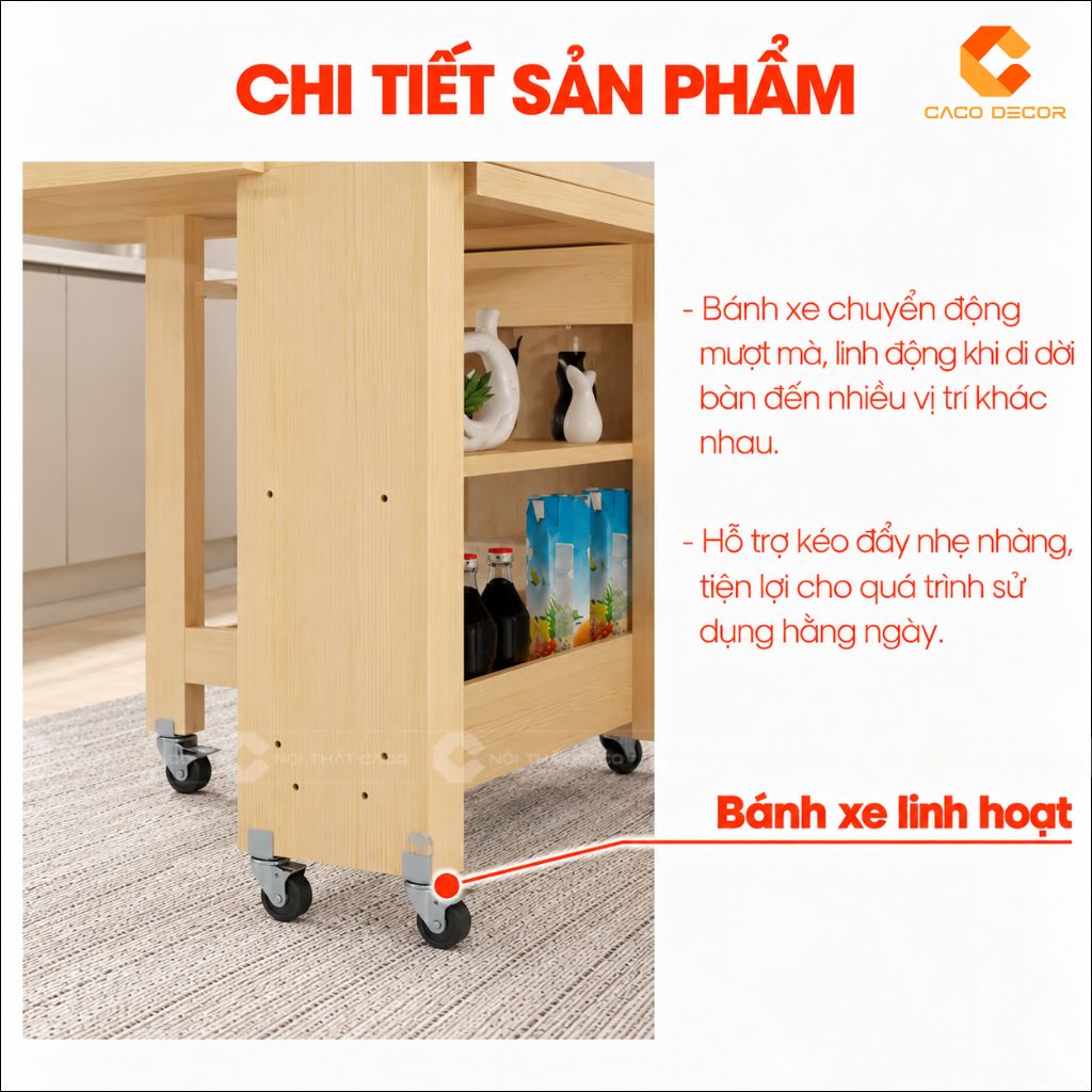 Bánh xe linh hoạt của bàn ăn gấp gọn gỗ tự nhiên BA071