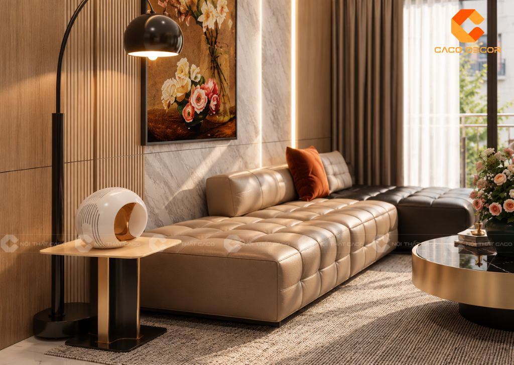 Cận cảnh sofa bọc nệm tạo múi ô vuông kết hợp đèn cây, tranh hoa và bàn trà
