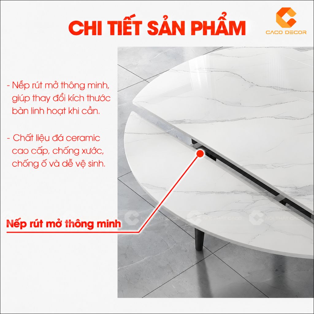 Nếp rút mở thông minh và chất liệu đá ceramic của bàn ăn mặt đá BA072
