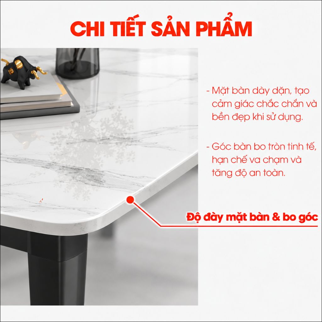 Độ dày mặt bàn và góc bo tròn an toàn của bàn ăn mặt đá BA072
