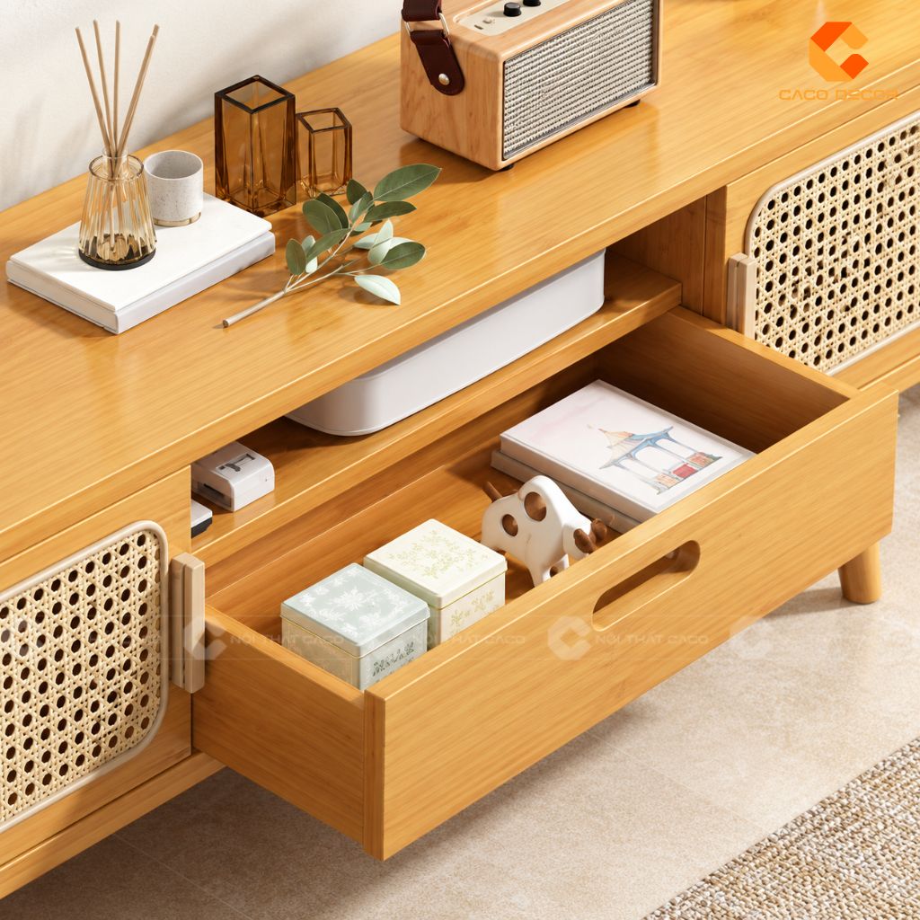 Kệ Tivi Gỗ Tự Nhiên KTV082 Thiết Kế Mây Đan Hiện Đại 1