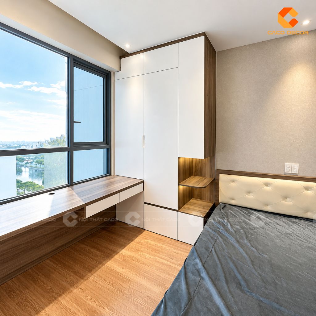 Combo giường ngủ và tủ quần áo phối trắng vân gỗ tại chung cư The Gold View