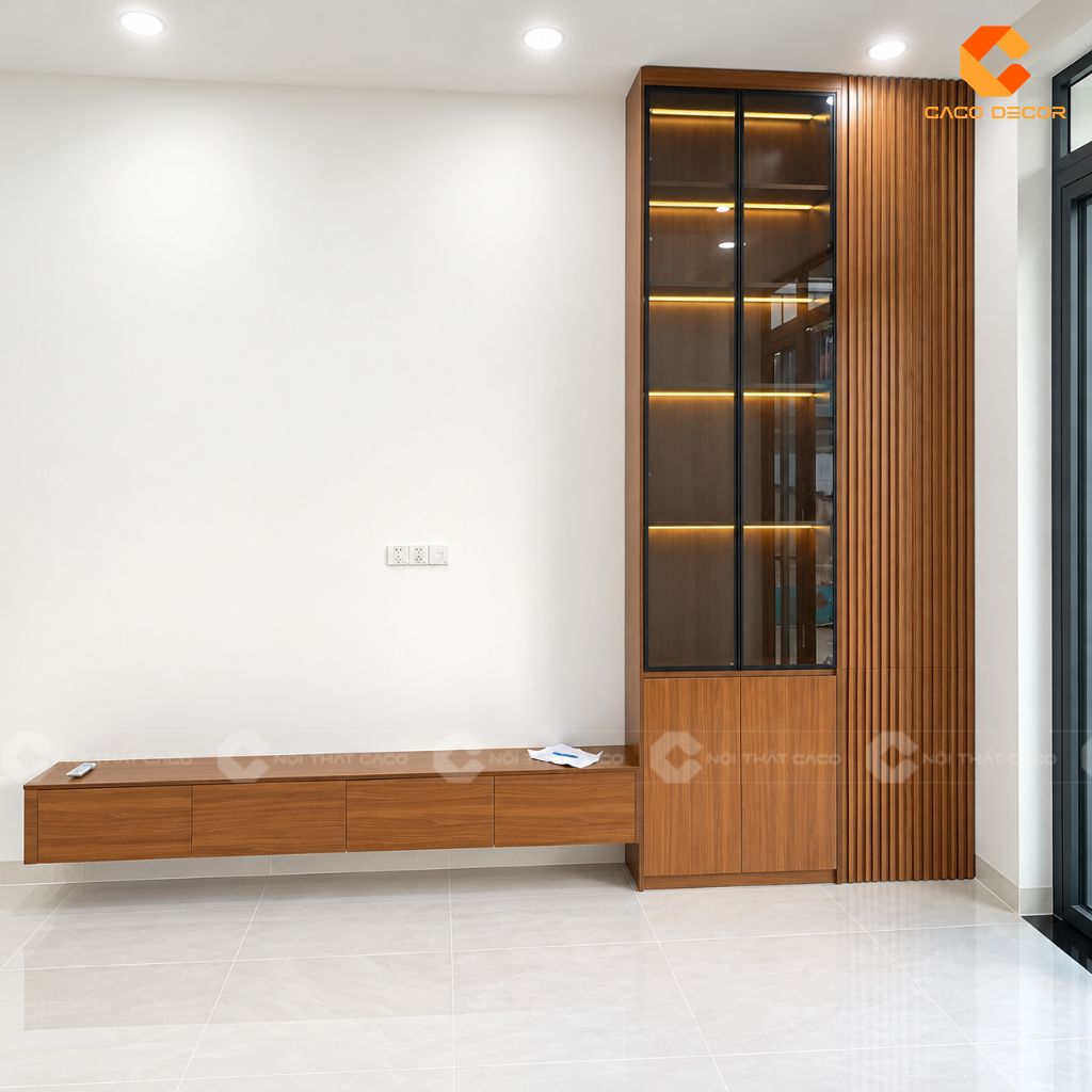 Kệ tivi treo kết hợp tủ trưng bày kính và vách lam phòng khách