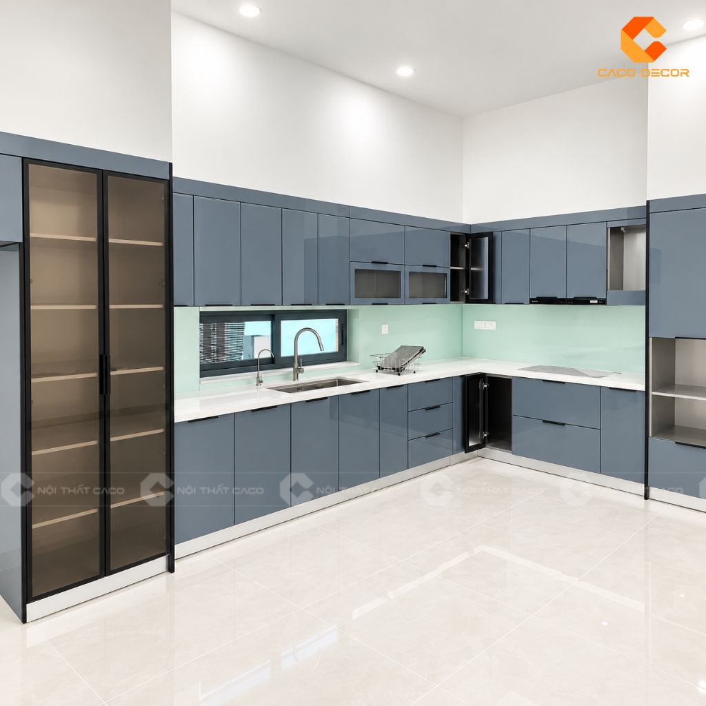 Toàn cảnh tủ bếp chữ L hiện đại nhà chị Mai tại Thủ Đức
