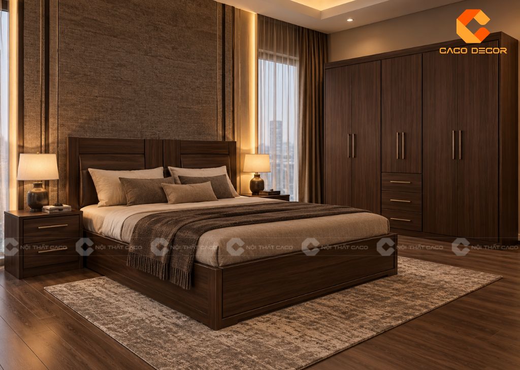 Combo nội thất phòng ngủ gỗ công nghiệp màu nâu trầm