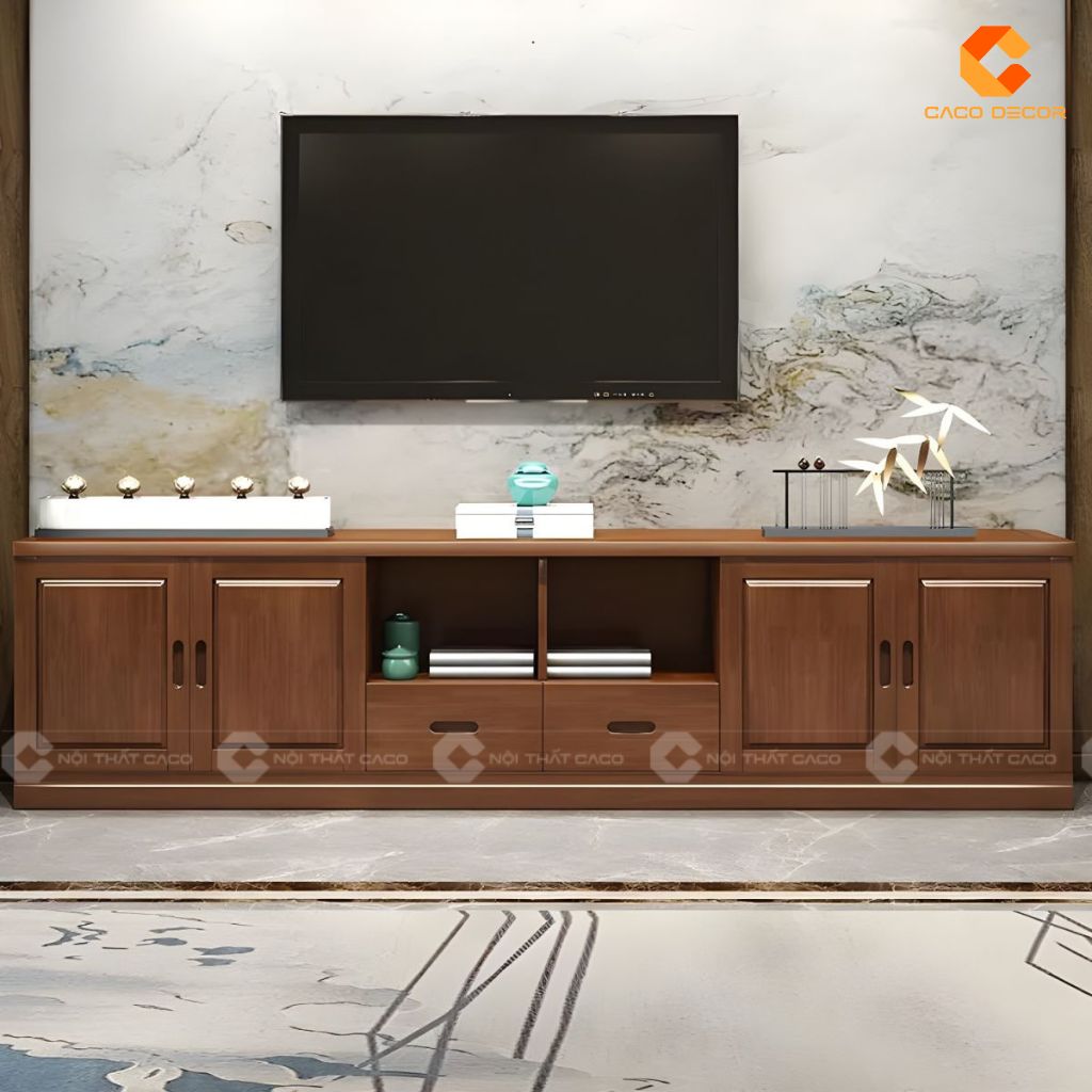 Kệ tivi gỗ tự nhiên KTV081 bố trí trong phòng khách hiện đại