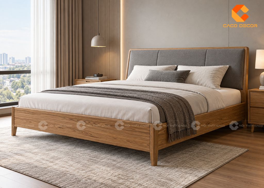 Giường gỗ bọc nệm đầu giường màu xám