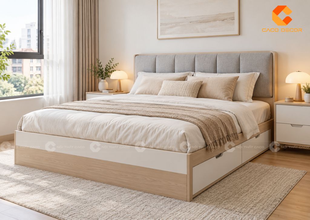 Giường ngủ gỗ sáng có ngăn kéo kết hợp đầu giường bọc nệm