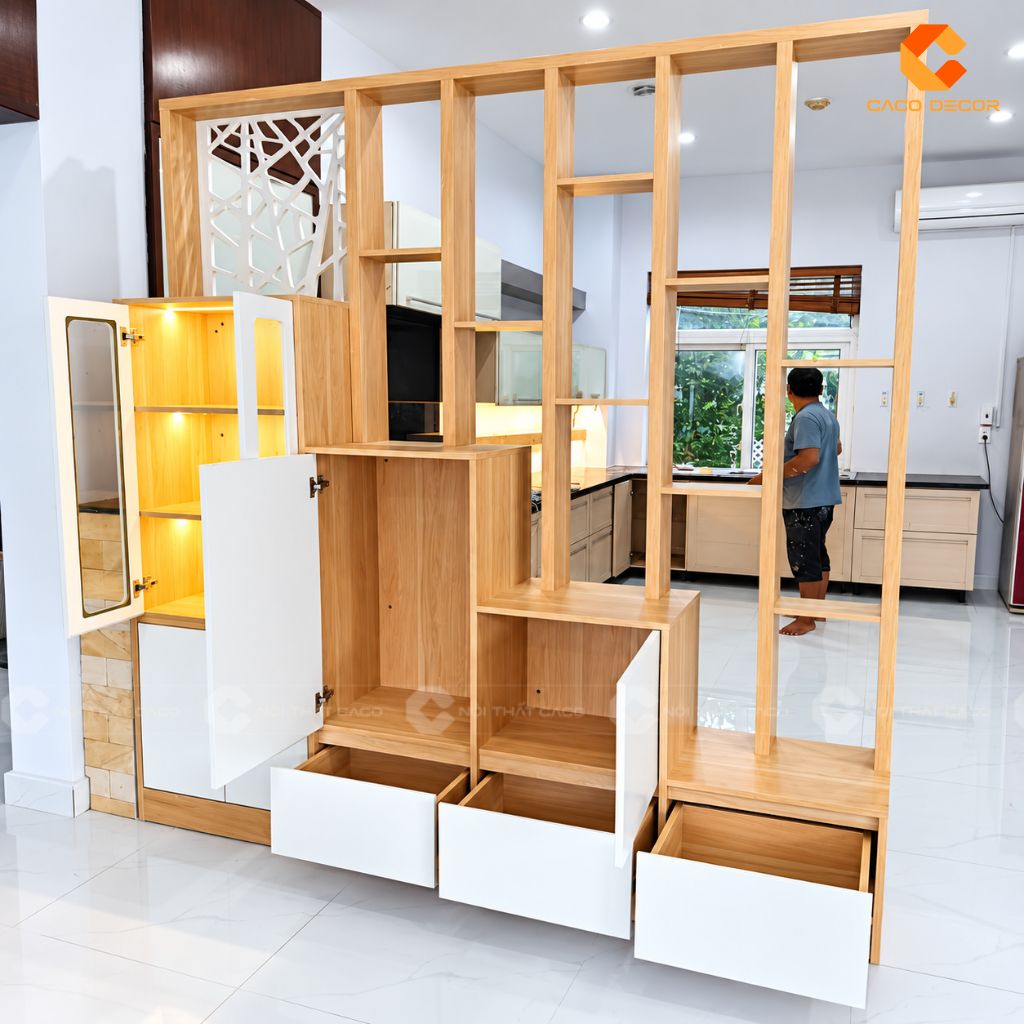 Hệ tủ rượu đa năng với cánh mở, hộc kéo và nhiều khoang chứa tiện dụng