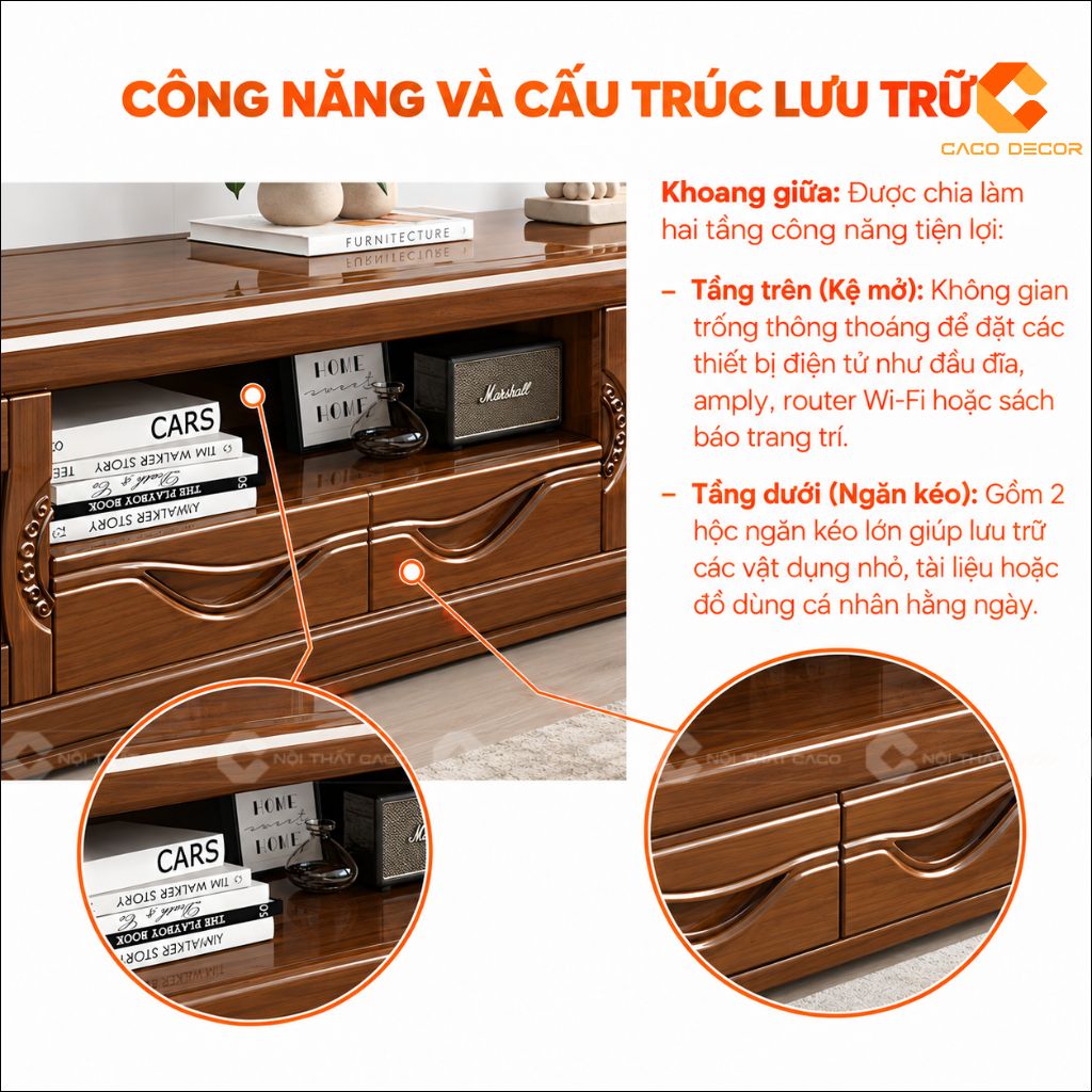 Công năng khoang mở và ngăn kéo của kệ tivi gỗ tự nhiên KTV078