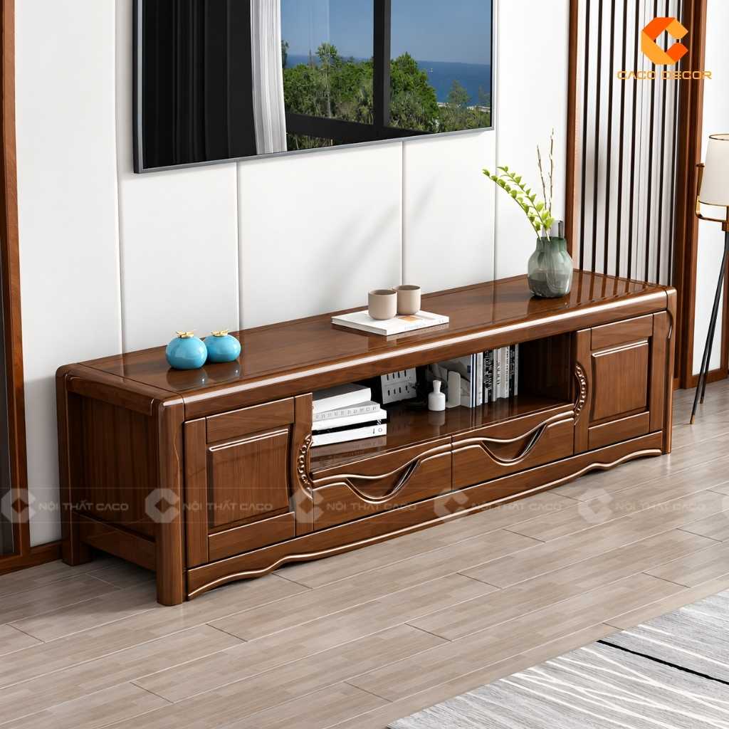 Góc chụp nghiêng kệ tivi gỗ tự nhiên KTV078 với khoang mở và ngăn kéo