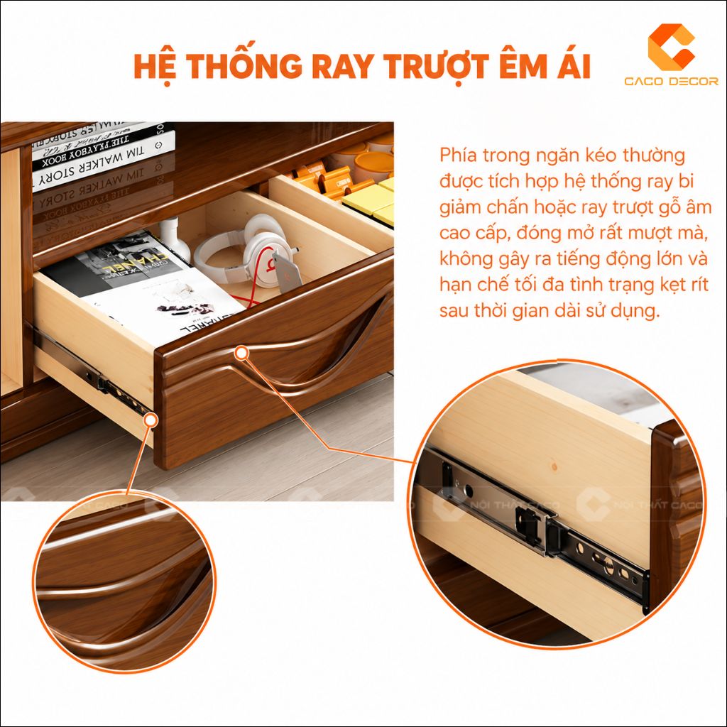 Hệ thống ray trượt êm ái của kệ tivi gỗ tự nhiên KTV078