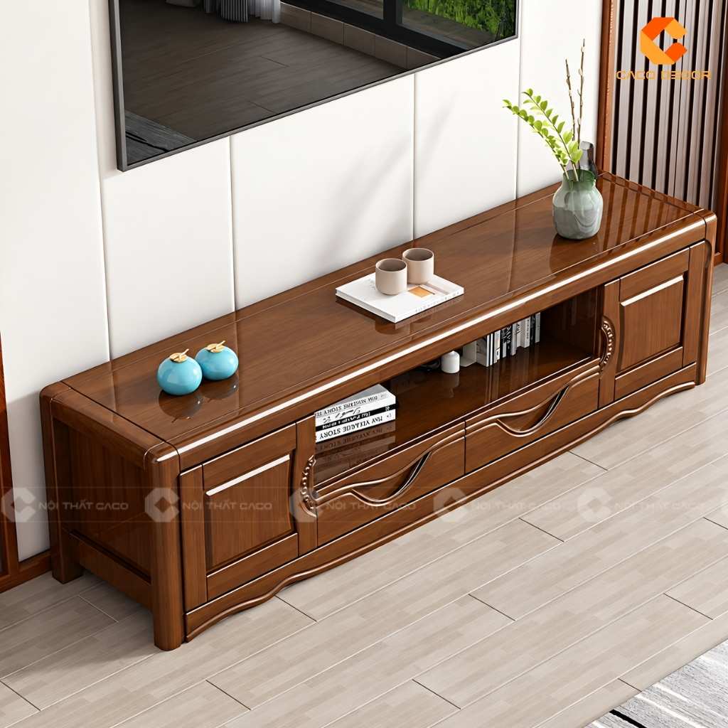 Toàn cảnh kệ tivi gỗ tự nhiên KTV078 với nhiều khoang lưu trữ