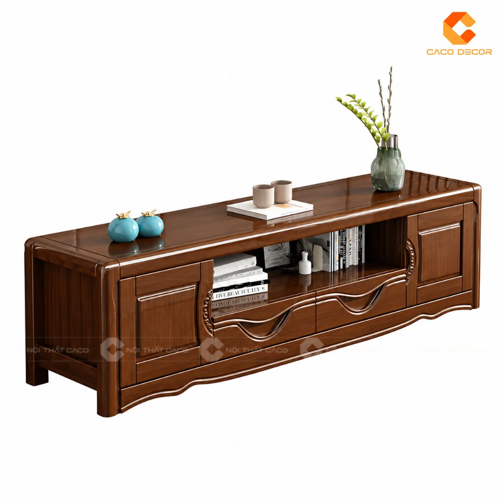 Kệ tivi gỗ tự nhiên KTV078 màu nâu sang trọng dưới tivi treo tường