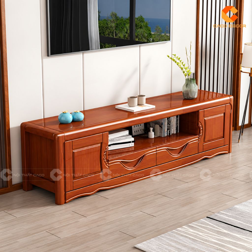Kệ tivi gỗ tự nhiên KTV078 bố trí trong phòng khách hiện đại