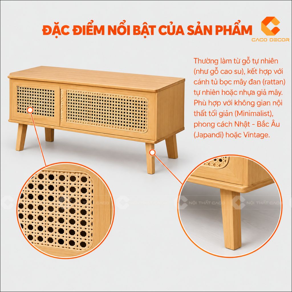 Đặc điểm nổi bật của kệ tivi gỗ tự nhiên KTV079 phối cánh mây đan
